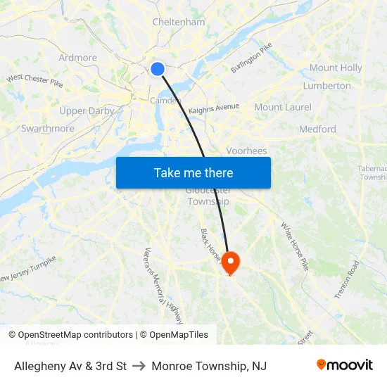 Allegheny Av & 3rd St to Monroe Township, NJ map