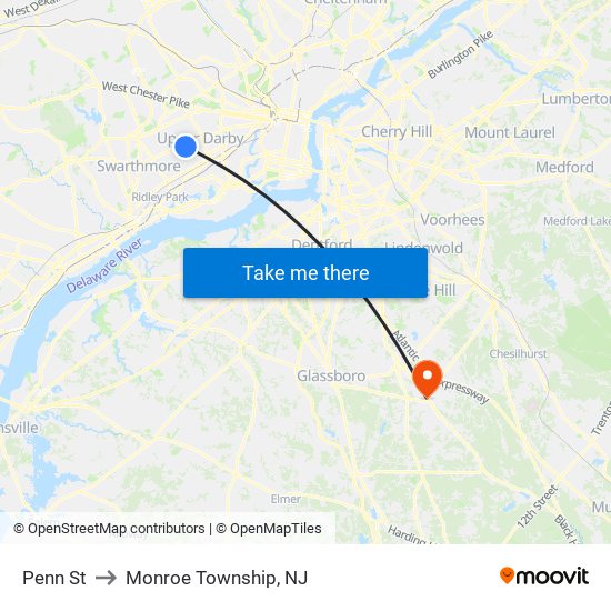 Penn St to Monroe Township, NJ map