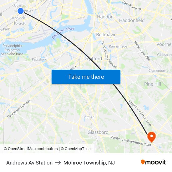 Andrews Av Station to Monroe Township, NJ map
