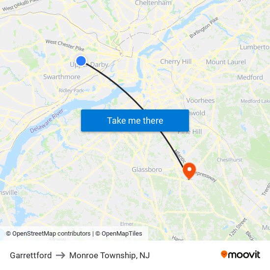 Garrettford to Monroe Township, NJ map