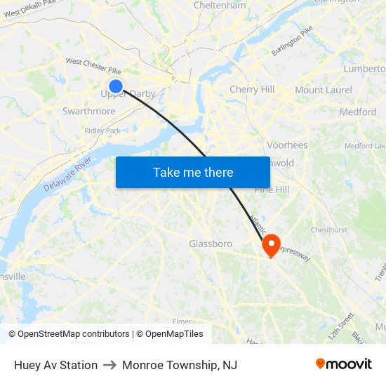 Huey Av Station to Monroe Township, NJ map