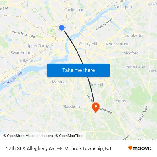 17th St & Allegheny Av to Monroe Township, NJ map