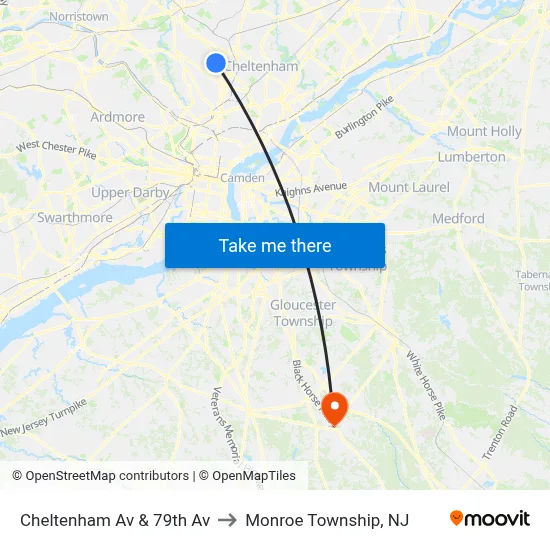 Cheltenham Av & 79th Av to Monroe Township, NJ map