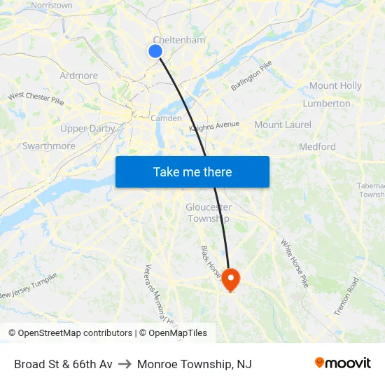 Broad St & 66th Av to Monroe Township, NJ map
