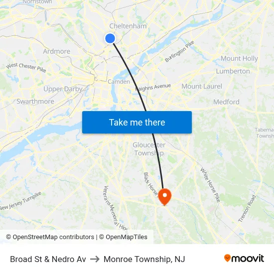 Broad St & Nedro Av to Monroe Township, NJ map
