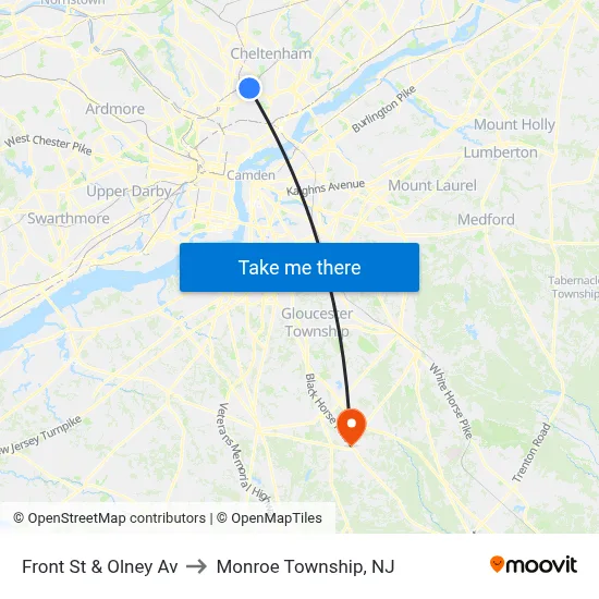 Front St & Olney Av to Monroe Township, NJ map
