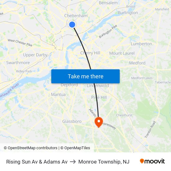 Rising Sun Av & Adams Av to Monroe Township, NJ map