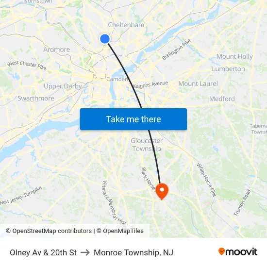 Olney Av & 20th St to Monroe Township, NJ map