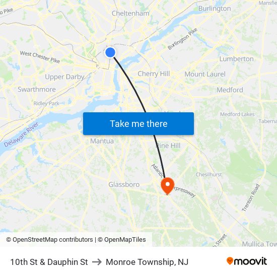 10th St & Dauphin St to Monroe Township, NJ map