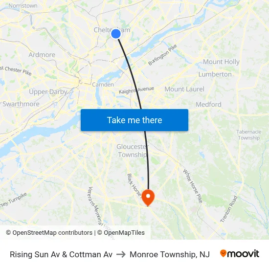 Rising Sun Av & Cottman Av to Monroe Township, NJ map
