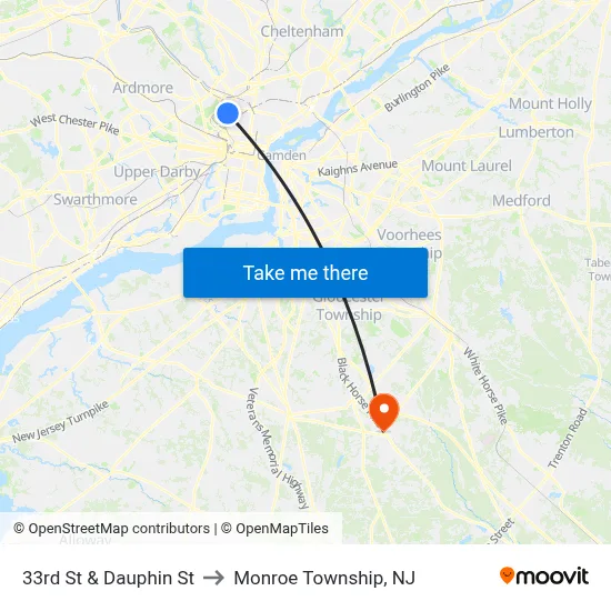 33rd St & Dauphin St to Monroe Township, NJ map