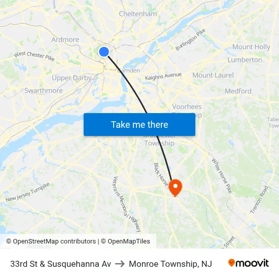 33rd St & Susquehanna Av to Monroe Township, NJ map