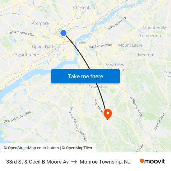 33rd St & Cecil B Moore Av to Monroe Township, NJ map