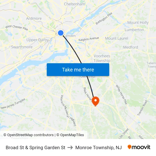 Broad St & Spring Garden St to Monroe Township, NJ map