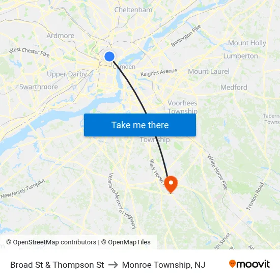 Broad St & Thompson St to Monroe Township, NJ map