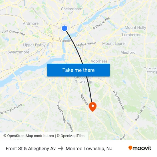 Front St & Allegheny Av to Monroe Township, NJ map