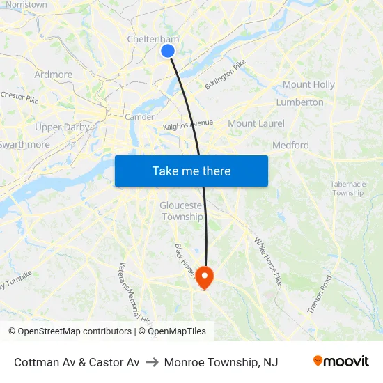 Cottman Av & Castor Av to Monroe Township, NJ map