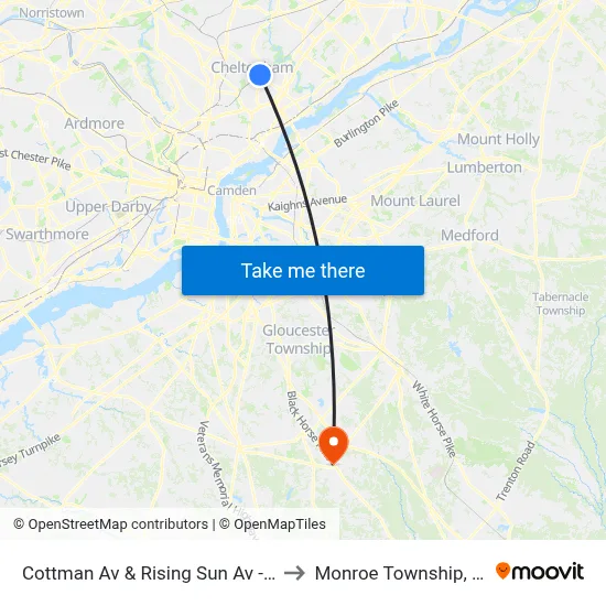 Cottman Av & Rising Sun Av - Fs to Monroe Township, NJ map