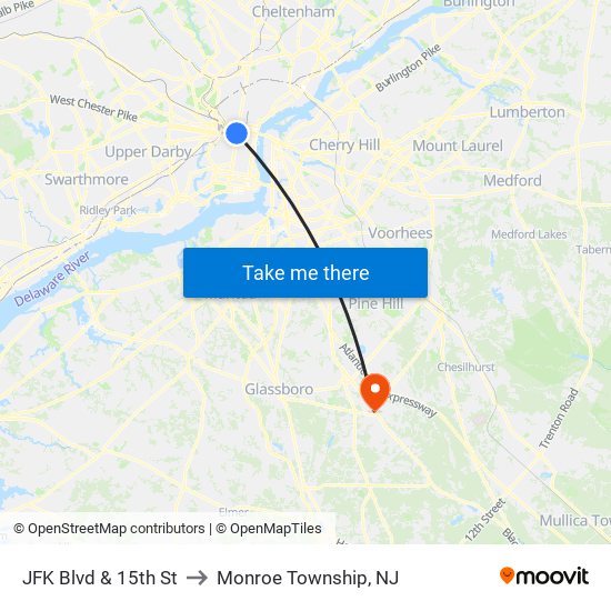 JFK Blvd & 15th St to Monroe Township, NJ map