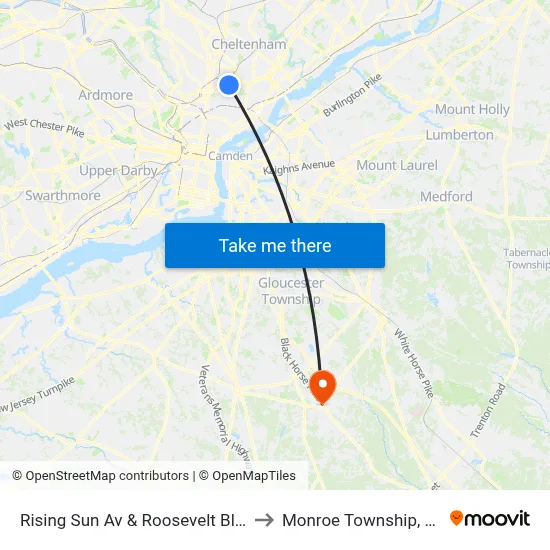 Rising Sun Av & Roosevelt Blvd to Monroe Township, NJ map