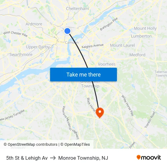 5th St & Lehigh Av to Monroe Township, NJ map