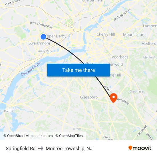 Springfield Rd to Monroe Township, NJ map