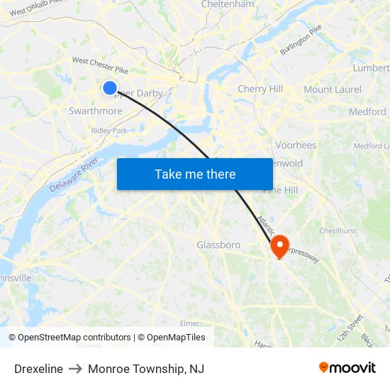 Drexeline to Monroe Township, NJ map