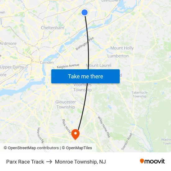 Parx Race Track to Monroe Township, NJ map
