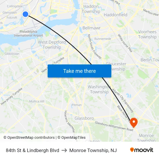 84th St & Lindbergh Blvd to Monroe Township, NJ map