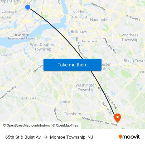 65th St & Buist Av to Monroe Township, NJ map