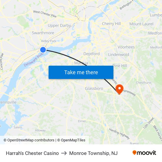 Harrah's Chester Casino to Monroe Township, NJ map