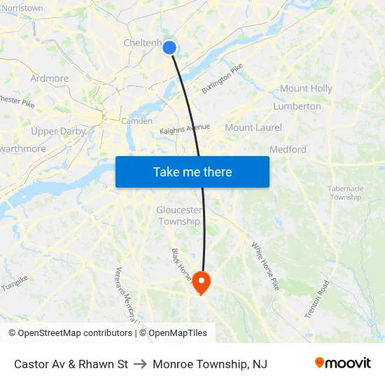 Castor Av & Rhawn St to Monroe Township, NJ map