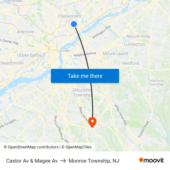 Castor Av & Magee Av to Monroe Township, NJ map