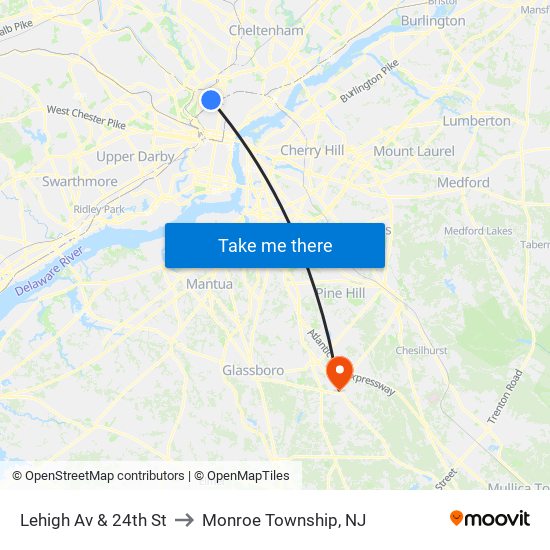 Lehigh Av & 24th St to Monroe Township, NJ map