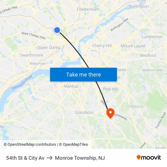 54th St & City Av to Monroe Township, NJ map