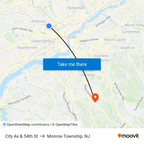 City Av & 54th St to Monroe Township, NJ map