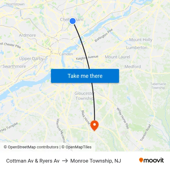 Cottman Av & Ryers Av to Monroe Township, NJ map
