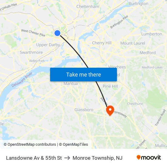 Lansdowne Av & 55th St to Monroe Township, NJ map