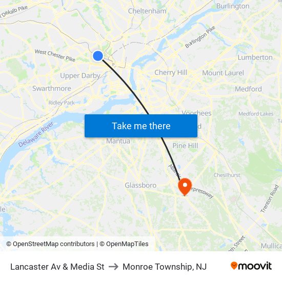 Lancaster Av & Media St to Monroe Township, NJ map