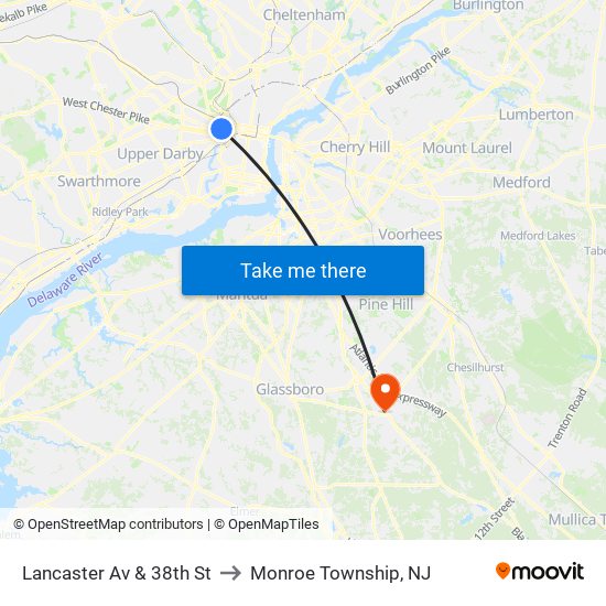 Lancaster Av & 38th St to Monroe Township, NJ map