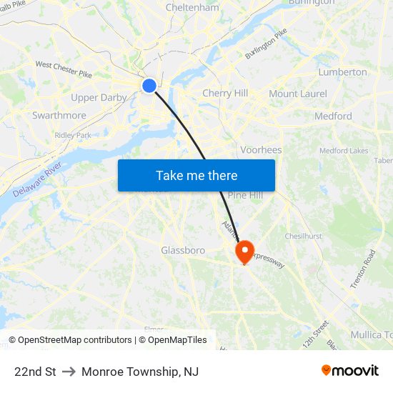 22nd St to Monroe Township, NJ map