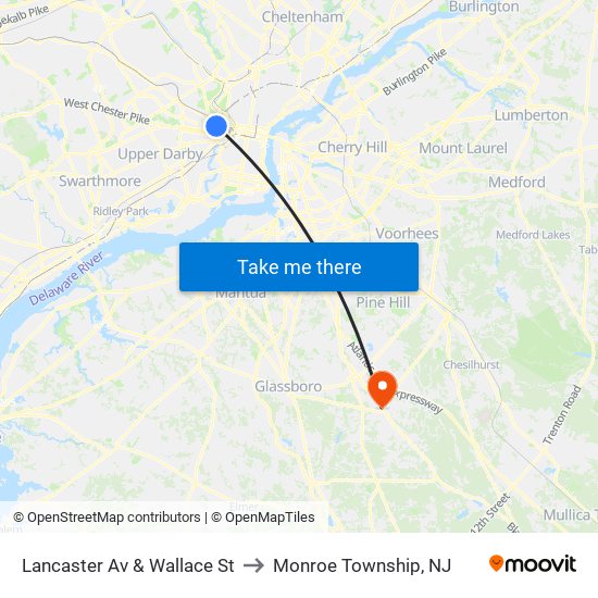Lancaster Av & Wallace St to Monroe Township, NJ map