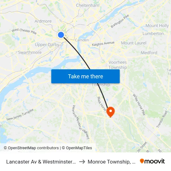 Lancaster Av & Westminster St to Monroe Township, NJ map