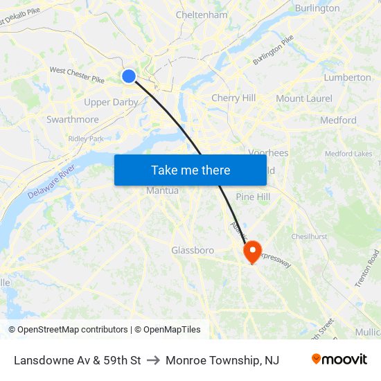 Lansdowne Av & 59th St to Monroe Township, NJ map