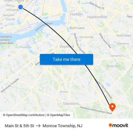Main St & 5th St to Monroe Township, NJ map
