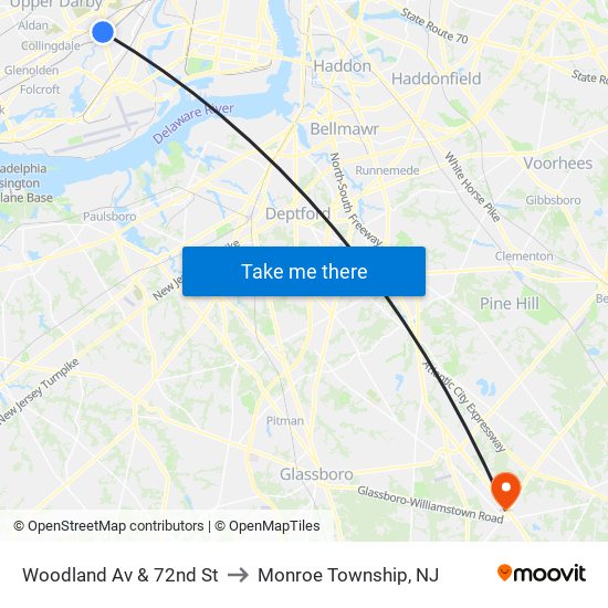 Woodland Av & 72nd St to Monroe Township, NJ map