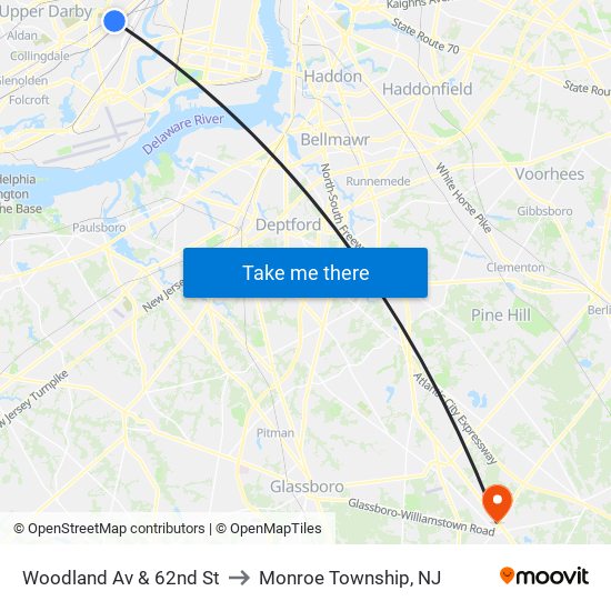 Woodland Av & 62nd St to Monroe Township, NJ map