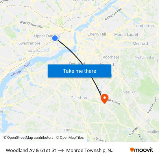 Woodland Av & 61st St to Monroe Township, NJ map