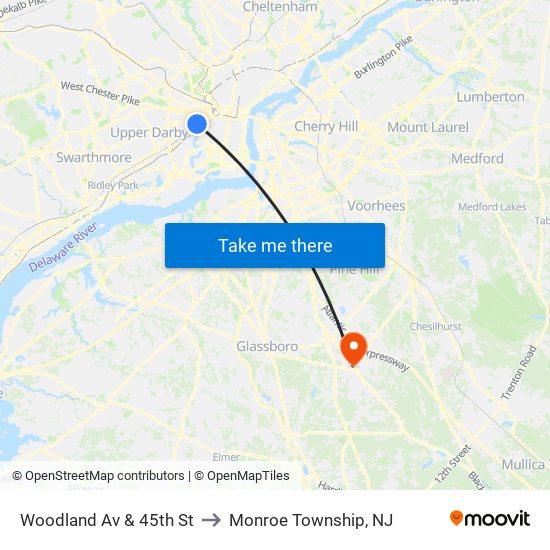 Woodland Av & 45th St to Monroe Township, NJ map
