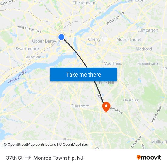 37th St to Monroe Township, NJ map